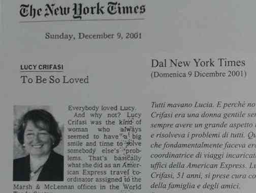 Immagine articolo: In ricordo di Lucia Crifasi, cittadina di Montevago vittima dell'attentato delle Torri Gemelle.Oggi una messa per ricordarla