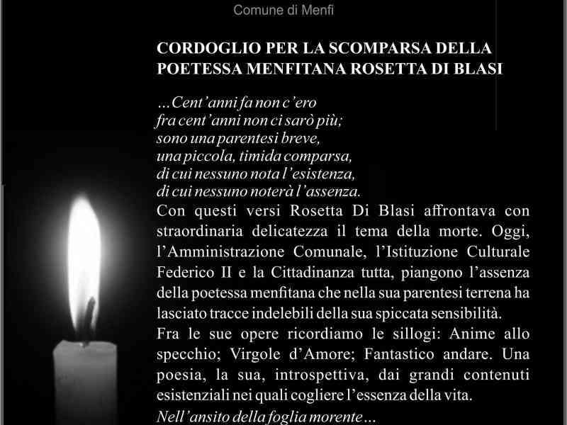 Immagine articolo: Menfi piange la poetessa Rosetta Di Blasi. A ricordarla l’Amministrazione Comunale