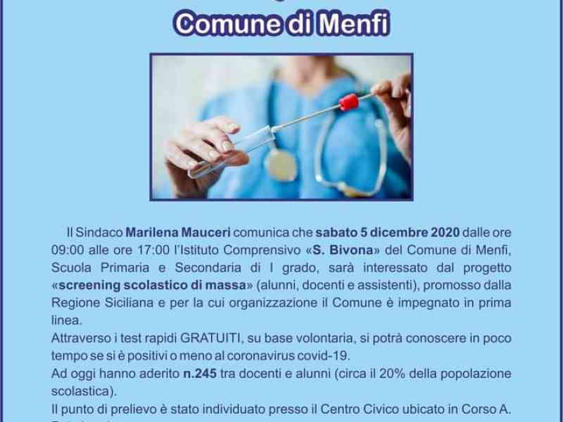 Immagine articolo: Menfi, sabato 5  progetto “screening scolastico di massa“. Ecco la Scuola promotrice