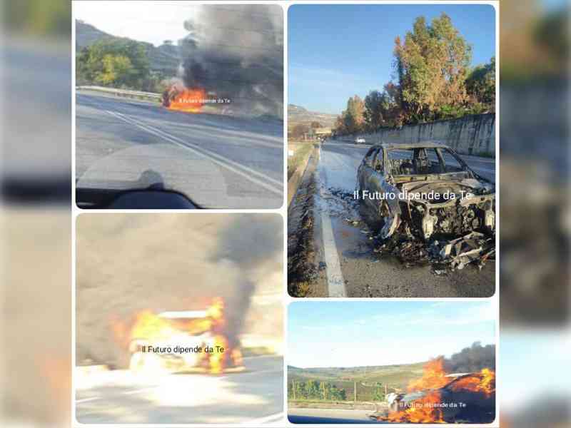 Immagine articolo: Auto in fiamme sulla Fondovalle, Palermo - Sciacca, paura per una coppia a bordo