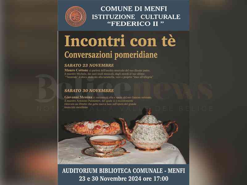 Immagine articolo: Menfi. Il 23 e il 30 novembre due appuntamenti culturali con “Incontri con tè: conversazioni pomeridiane”