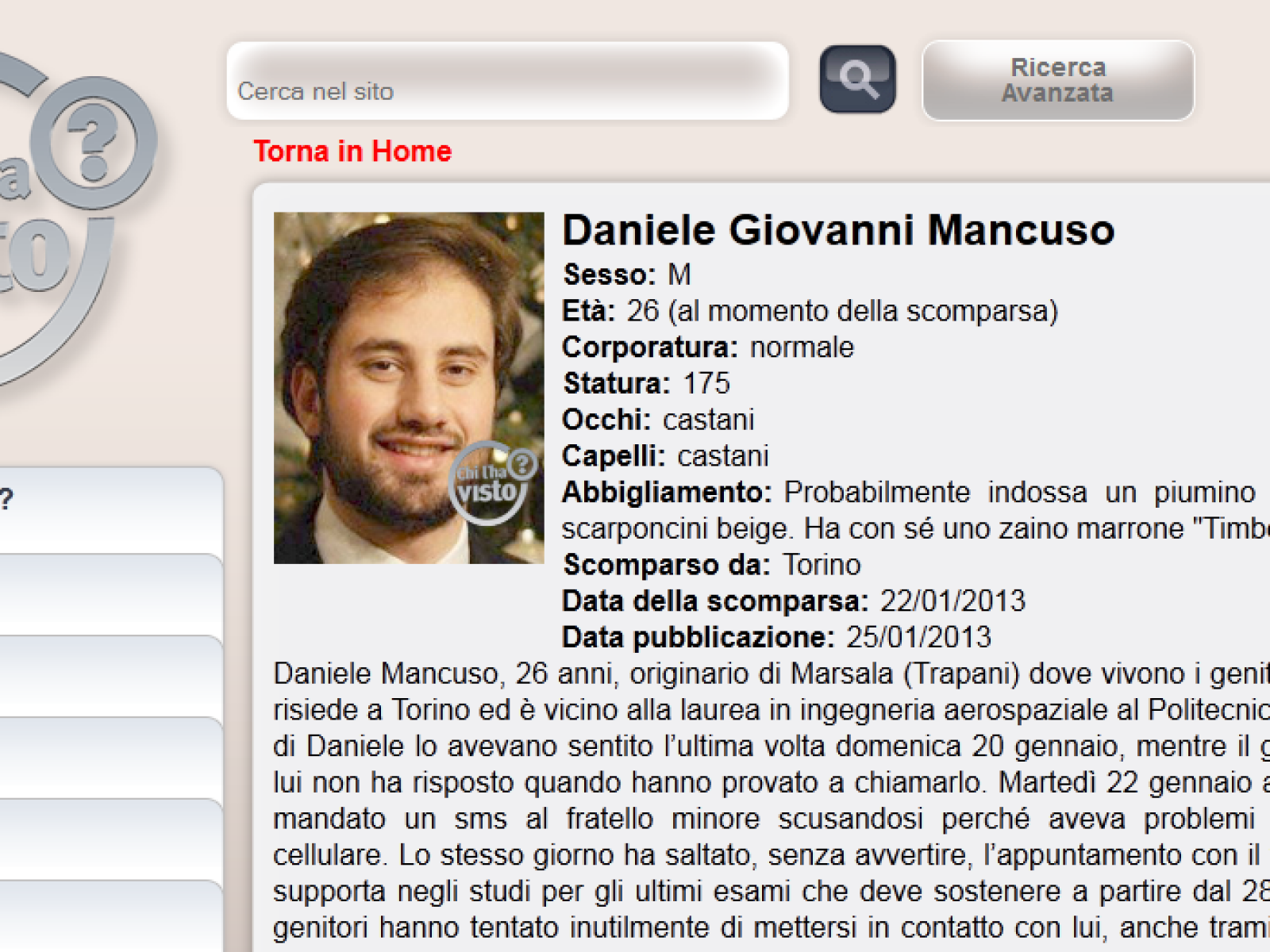 Giovane marsalese scomparso a Torino. I genitori chiedono aiuto per ritrovarlo.