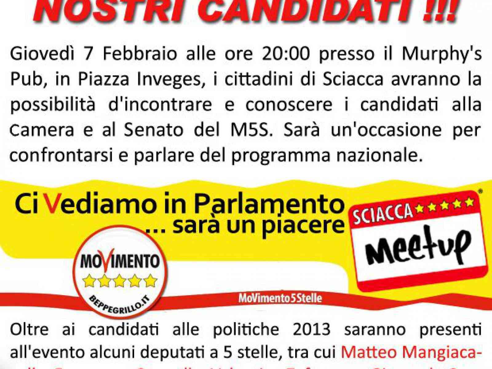 Domani i candidati alla Camera e al Senato del M5S al Murphy’s di Sciacca