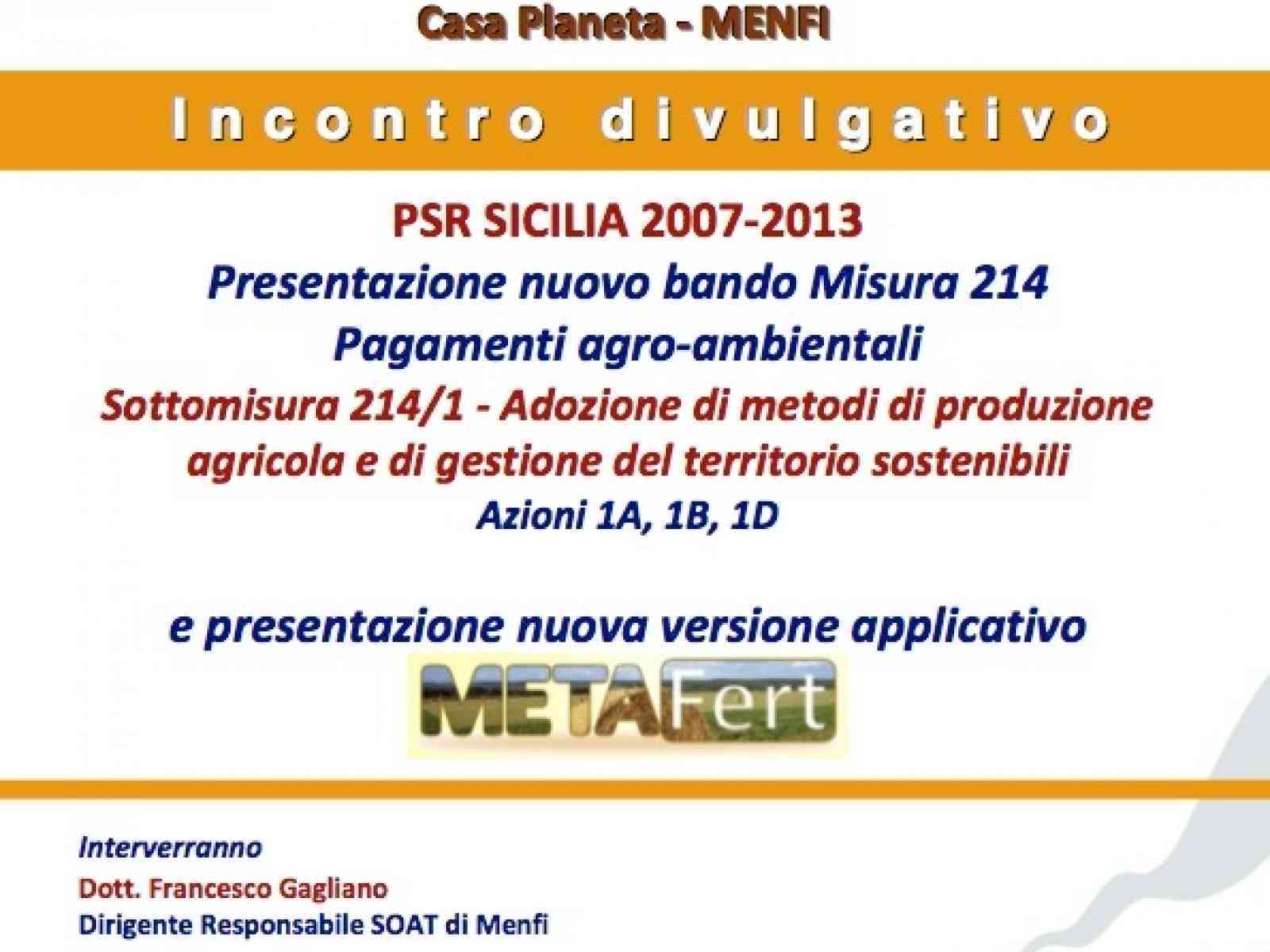 Il 17, a Menfi, un incontro divulgativo per la presentazione del nuovo bando Misura 214