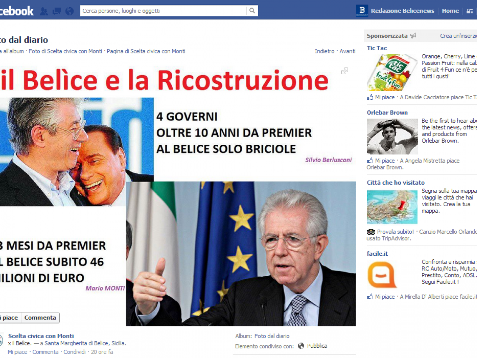 Monti su facebook: “Per il Belice, in 13 mesi subito 46 milioni“