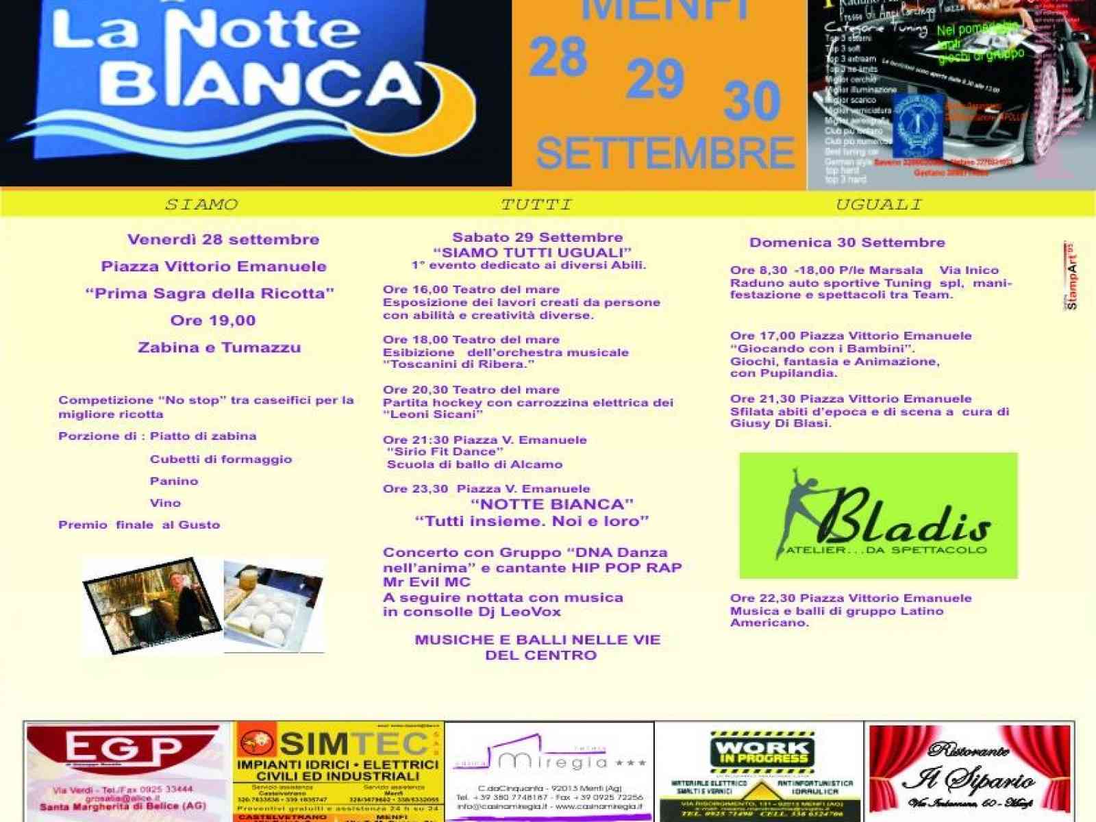 Notte Bianca a Menfi dal 28 al 30 settembre. Gastronomia, musica e solidarietà