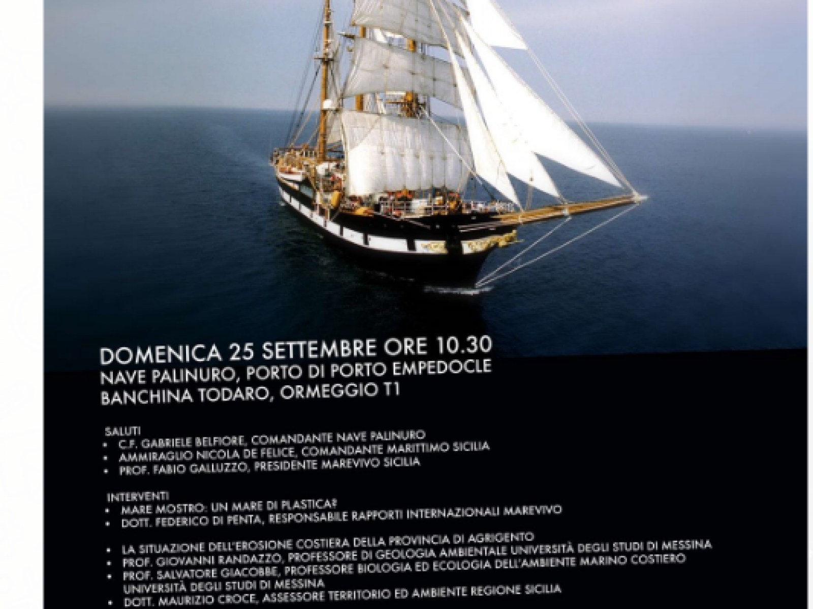 Porto Empedocle: dalla nave scuola della Marina Militare Italiana “Palinuro“, Marevivo lancia il suo appello a favore del Mediterraneo