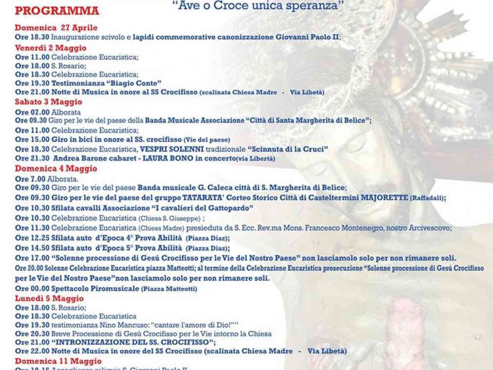 Santa Margherita. Ricco programma per la “festa di lu tri maggiu”. Domenica la solenne processione del SS. Crocifisso