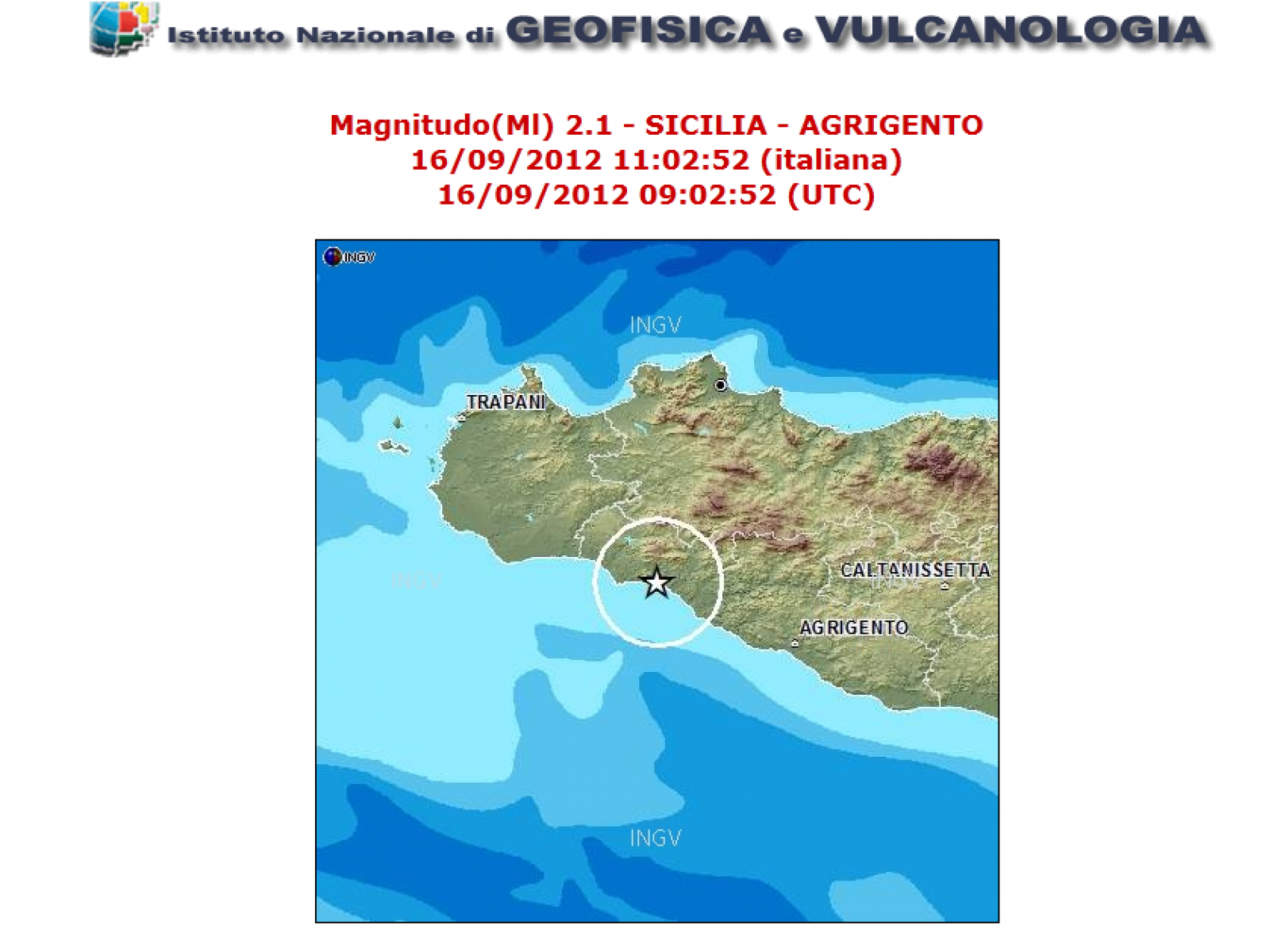 L'INGV conferma la scossa di terremoto di magnitudo 2,1