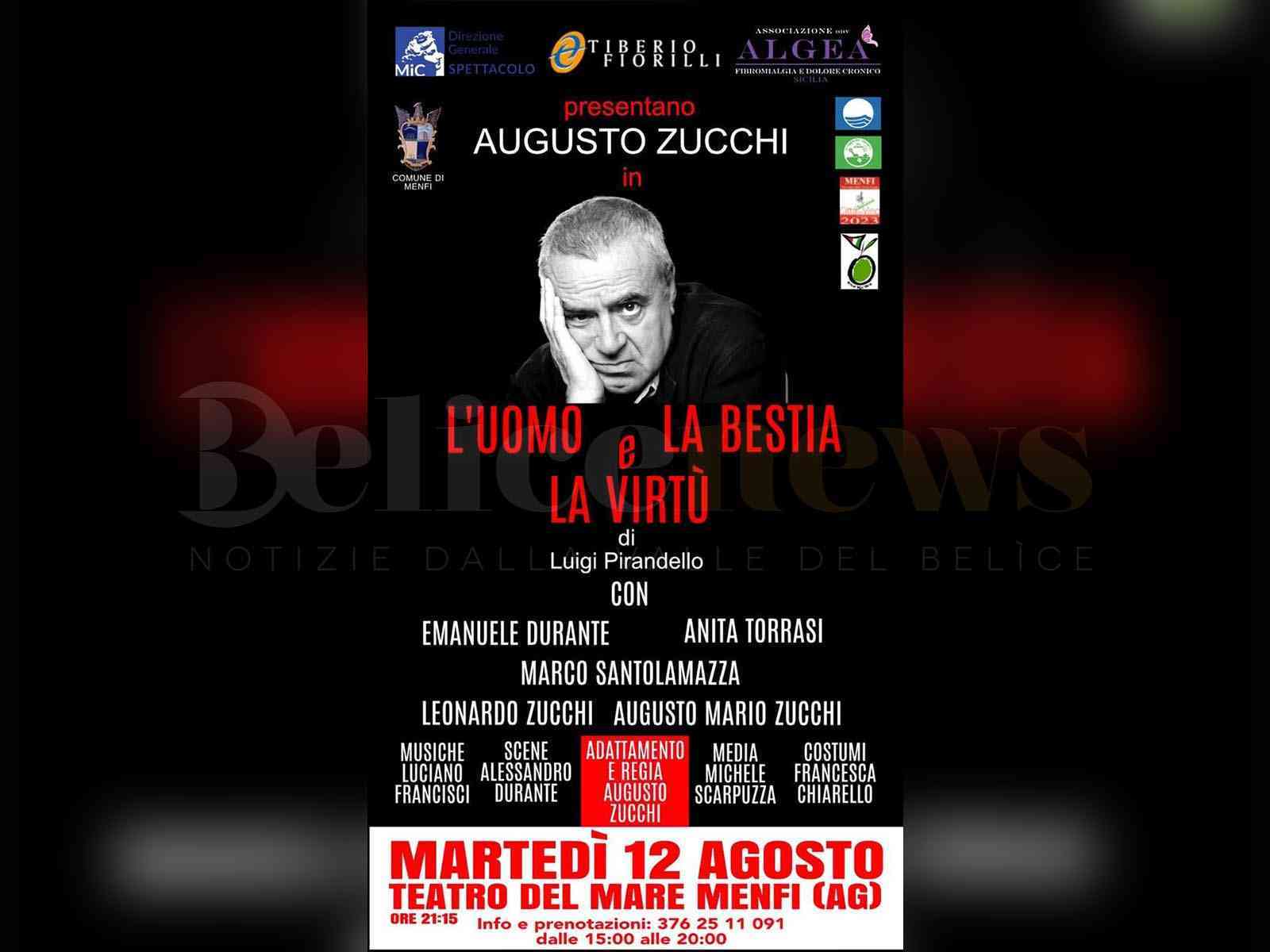 Immagine articolo: Teatro sotto le stelle a Menfi: “L’uomo, la bestia e la virtù” con Augusto Zucchi